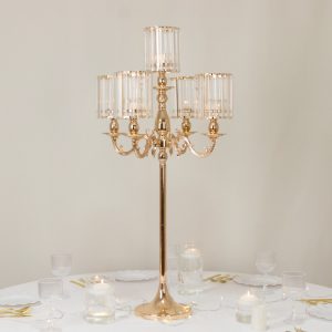 5-Arm Gold Metal Candelabra with Crystal Pendant Glass Shades – 40" Tall Candle Holder for Pillar, LED, and Flameless Candles