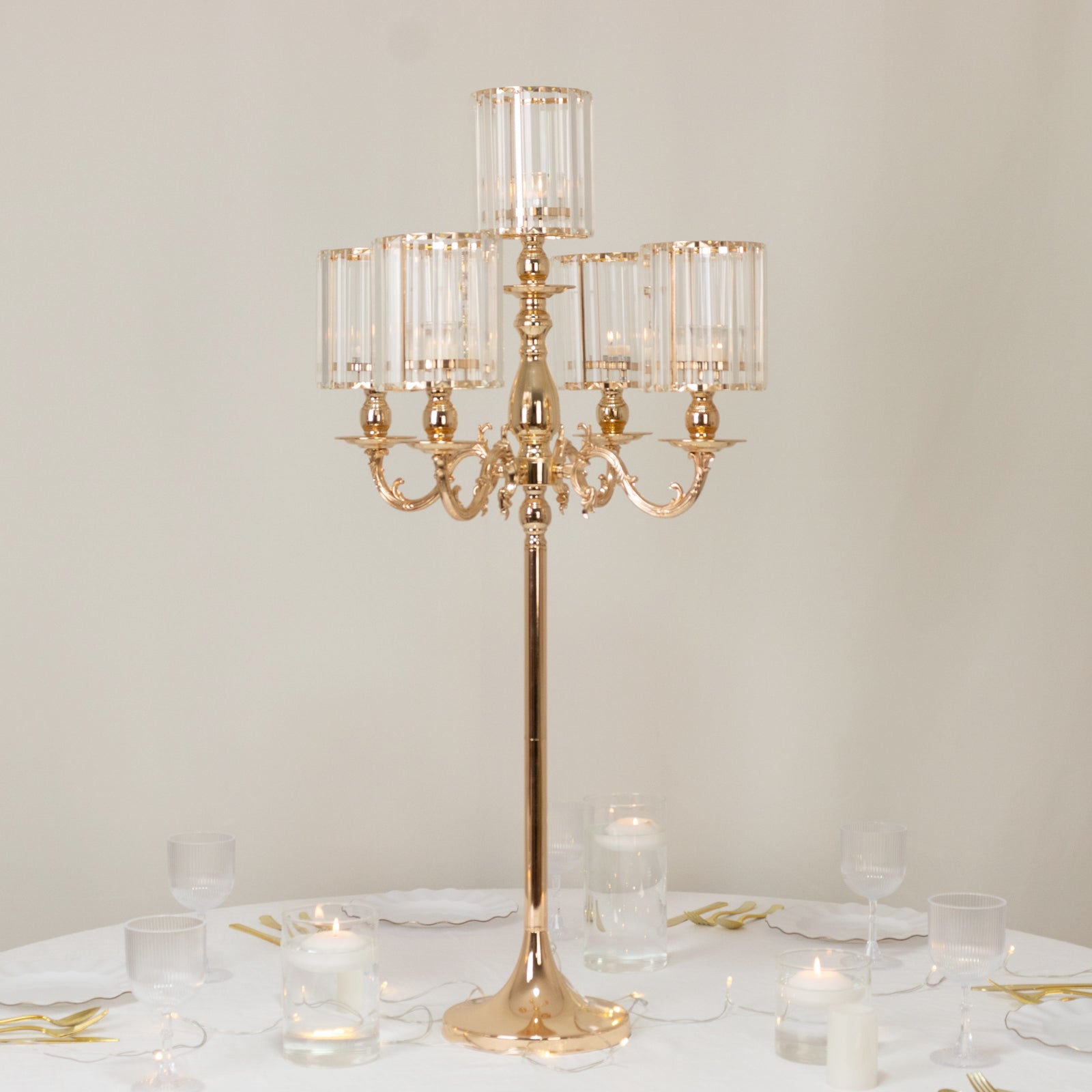 5-Arm Gold Metal Candelabra with Crystal Pendant Glass Shades – 40" Tall Candle Holder for Pillar, LED, and Flameless Candles